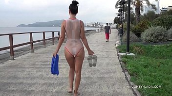Wet Transparent Swimsuit In Public